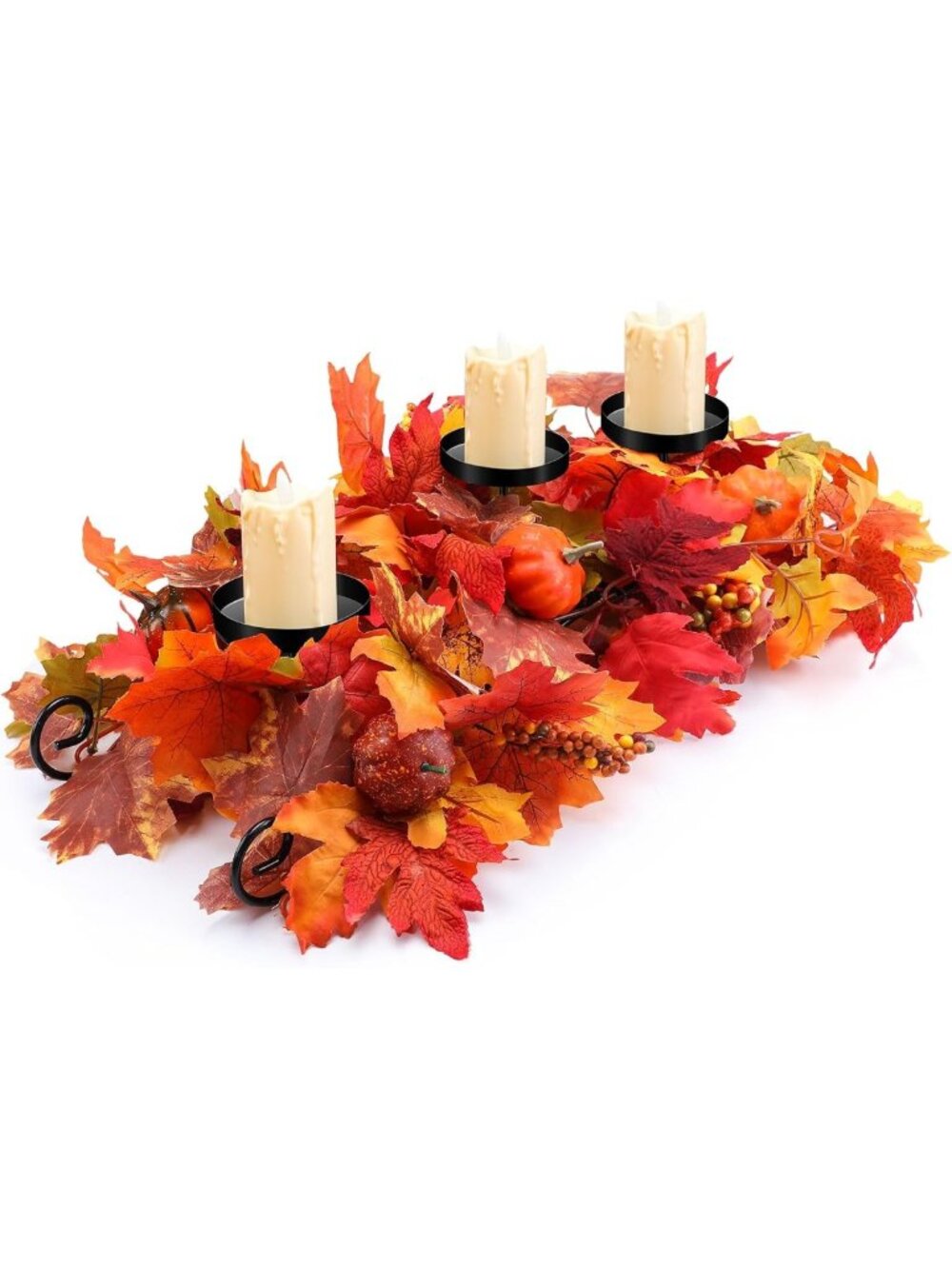 Fall Candleholder Centerpiece with Maple Leaf & Pumpkin Design - Bright Autumn